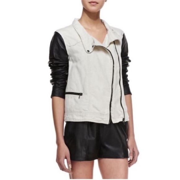 Rag & Bone Linen Twill and Leather Moto Jacket Natural NWT - Picture 3 of 11
